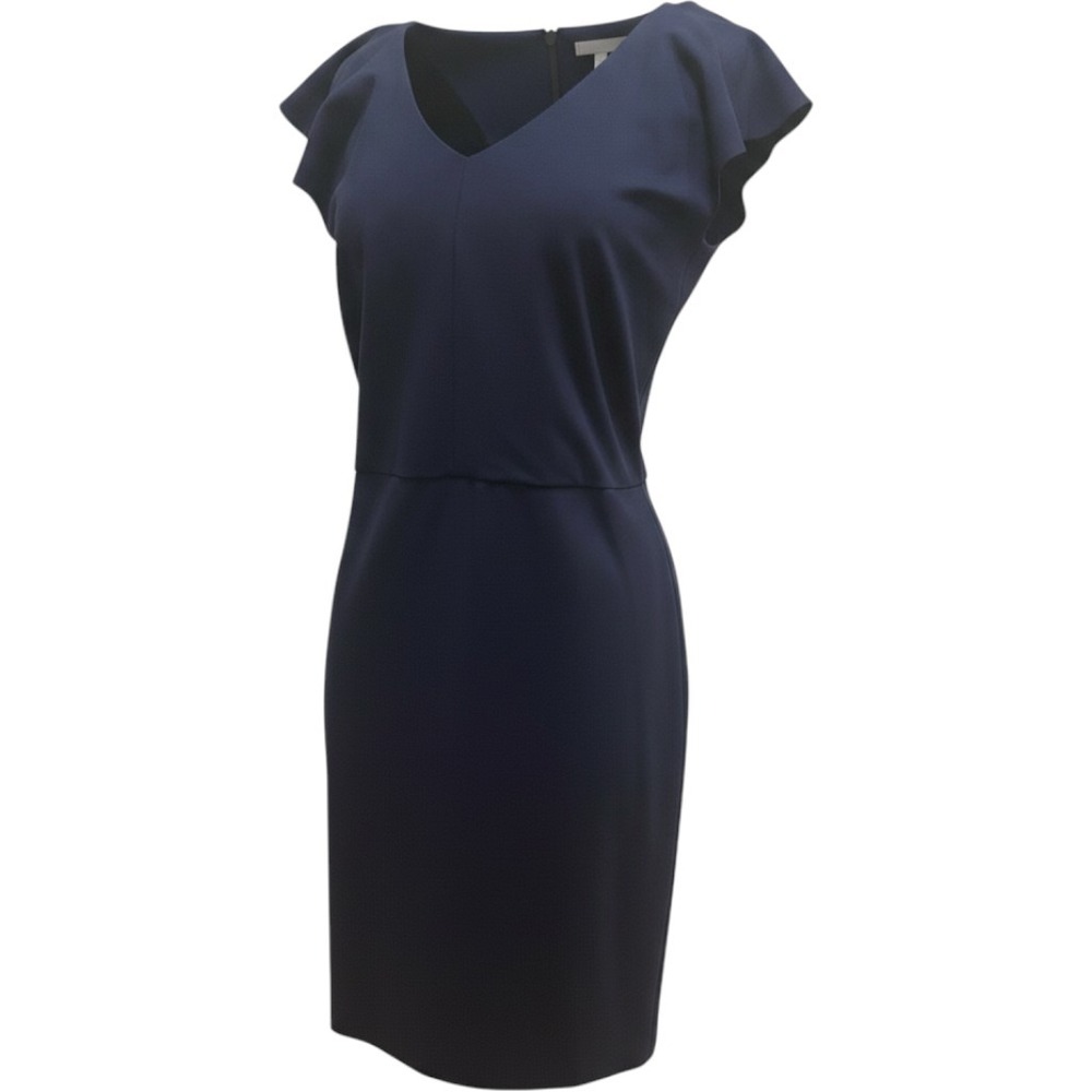 J.McLaughlin Treecia Dress Winter Navy Blue Flutter V-Neck Sheath Size L NWT